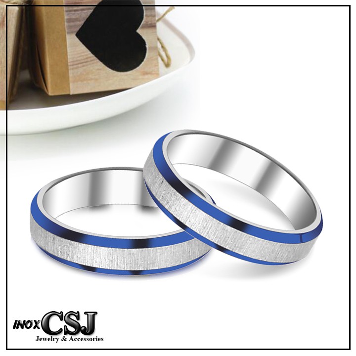 02 chiếc nhẫn cặp đôi tình nhân inox cao cấp viền sơn xanh đẹp, không đen - tặng hộp đựng xinh xắn