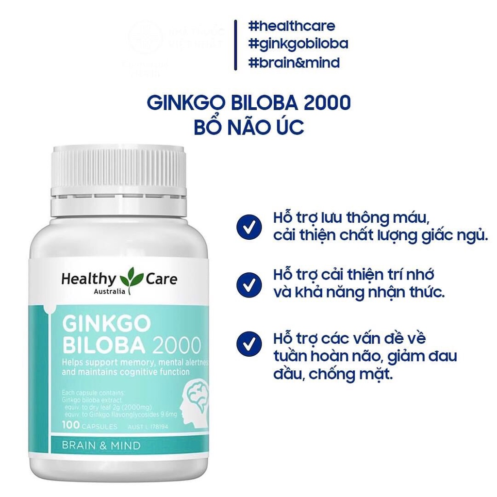 Viên bổ não Healthy Care Ginkgo Biloba 2000mg Úc