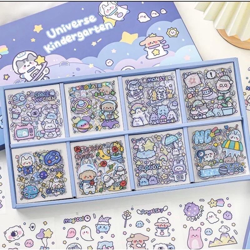 Hộp sticker 200 tấm hình dán mèo vũ trụ dễ thương trang trí sổ planner bullet journal