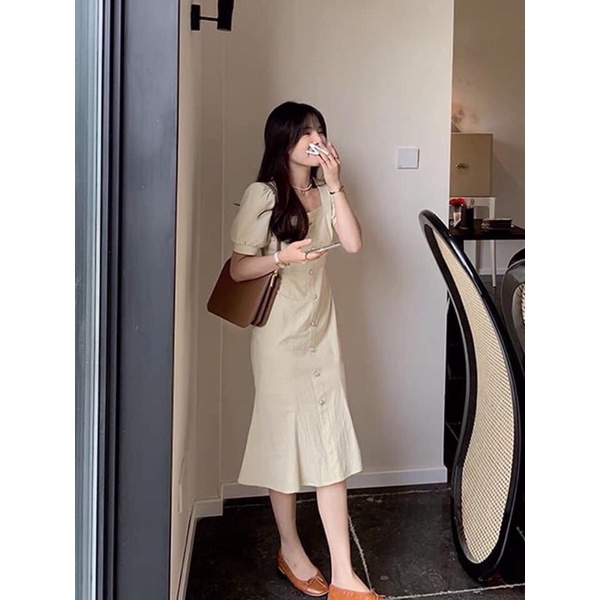 Váy Đuôi Cá màu Be Cúc Ngọc chất Thô Lụa ,Đầm bo Eo tôn dáng cực kỳ