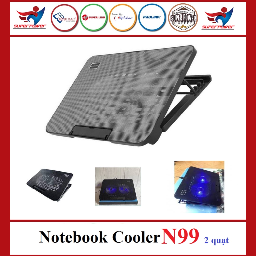 Đế Tản Nhiệt Laptop N99 COOLING PAD cho laptop từ 17 inch trở xuống- Loại Cao Cấp, 2 Fan Đế Nâng 45 Độ