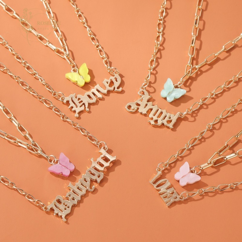 Roselife butterfly Babygirl  angle Double Layer Pendant Lover Letter Necklace for Women Fashion Jewelry