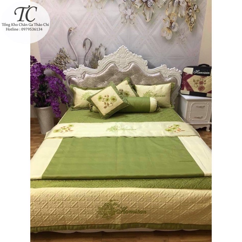 Bộ Chăn Ga Gối 5 Món Cotton Satin Thêu Hoa Cao Cấp- Tinh Tế