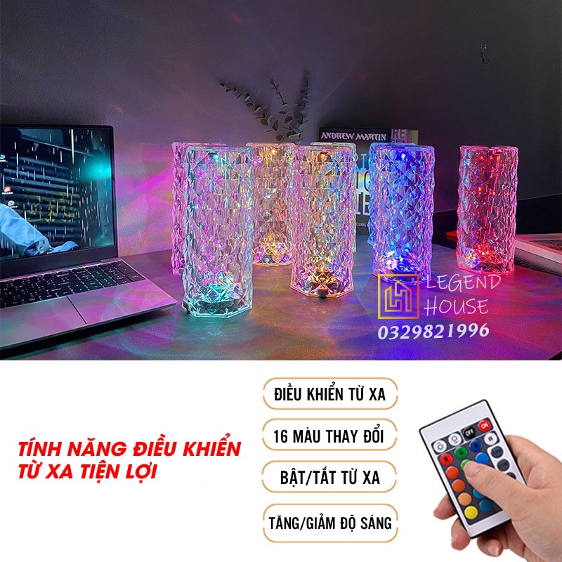 Đèn Trang Trí Để Bàn Ánh Sáng Kim Cương Cảm Ứng 3 Màu, Đèn Led Decor Trang Trí Phòng Ngủ Hiệu Ứng 3D