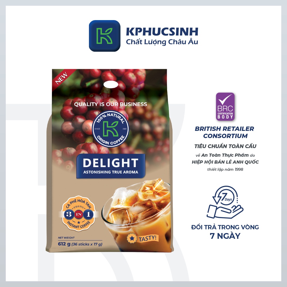 Combo 2 túi cà phê sữa hòa tan K Delight 3in1 612g/túi 36 gói thương hiệu K COFFEE KPHUCSINH - Hàng Chính Hãng