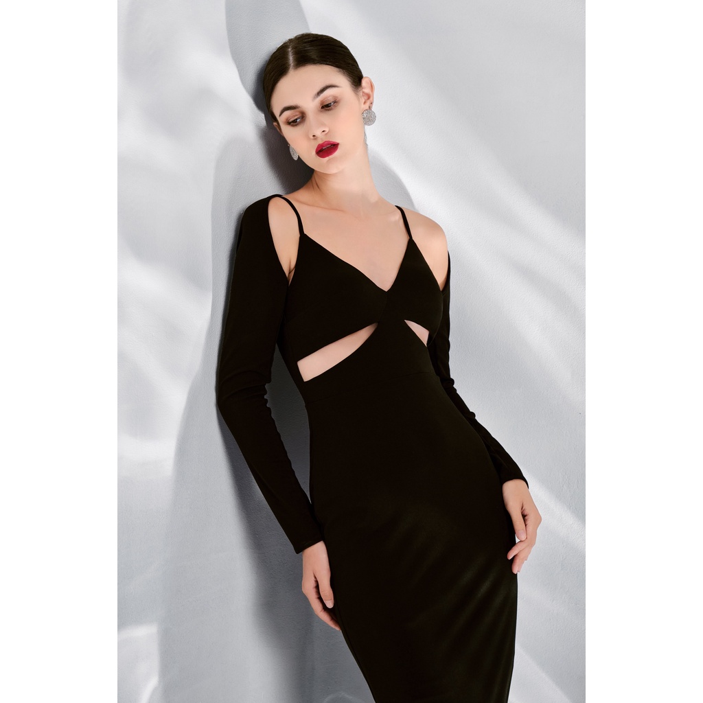 Đầm body dài tay CHOCOO Lillia Bodycon Dress thiết kế vải thun sọc Hàn Quốc cao cấp hở lưng màu đen