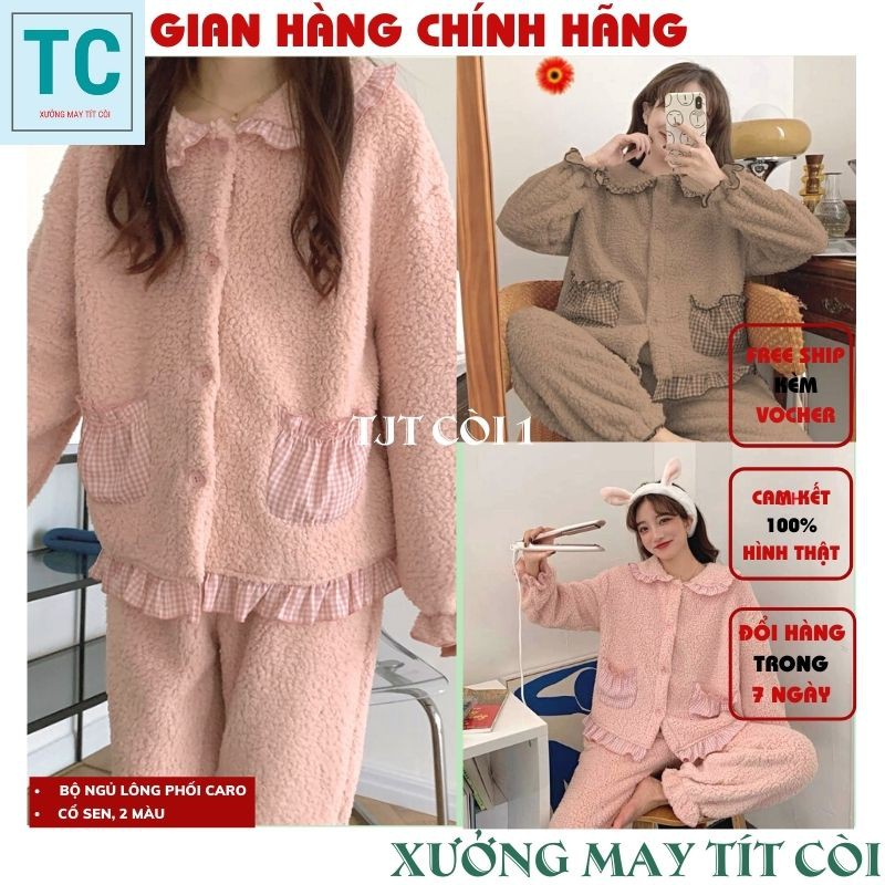 Đồ ngủ nữ ,bộ đồ ngủ mùa đông lông cừu phối viền caro, sét bộ ngủ hàn quốc cổ sen khuy cài ấm áp- Tjt Còi 1