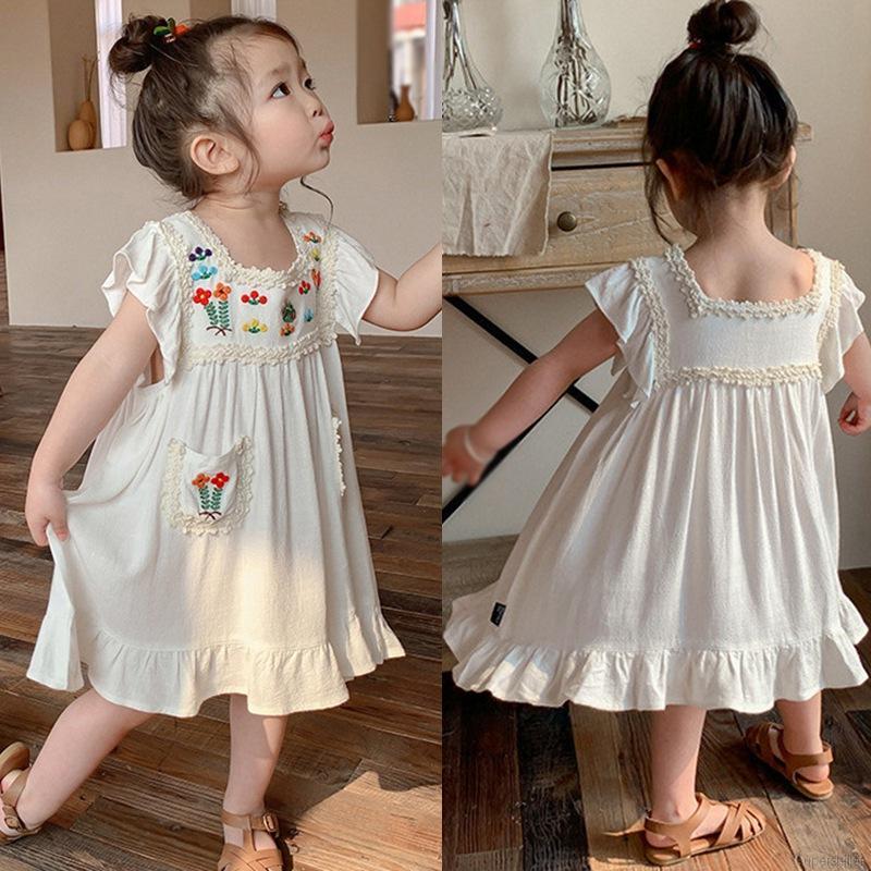 Đầm Cộc Tay Thêu Họa Tiết Đáng Yêu Hợp Thời Trang Dành Cho Bé 1-6 Tuổi