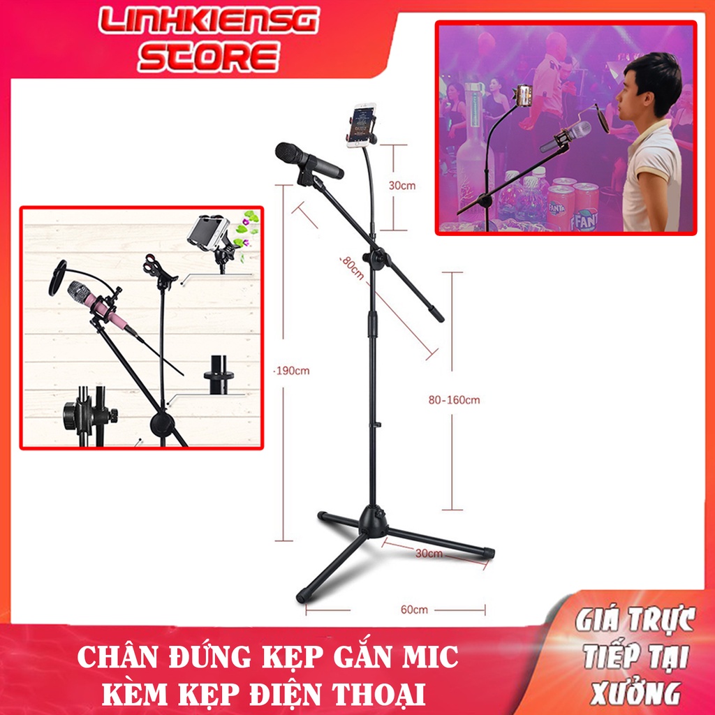 ♻ Chân Đế Micro  Boom Mic Stand Đứng Có Kẹp Điện Thoại Tăng Giảm Chiều Cao