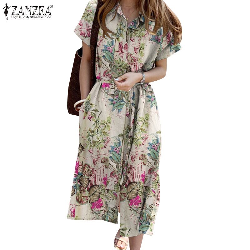 Đầm sơ mi Zanzea tay ngắn cổ bẻ in họa tiết phong cách vintage thời trang cho nữ