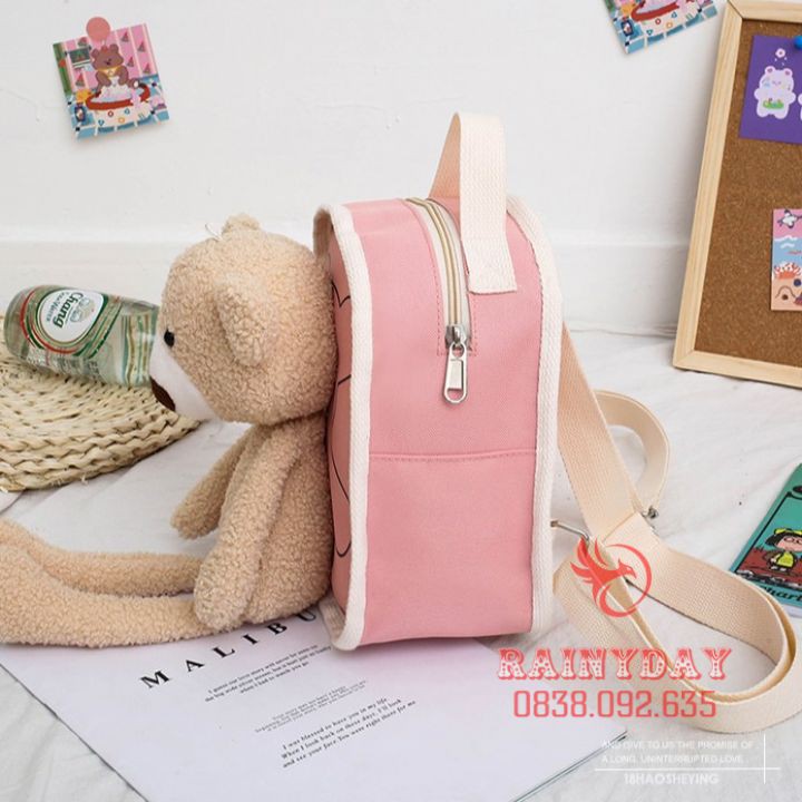 Balo trẻ em cho bé gái đi học mần non mẫu giáo mini nhỏ xinh cute dễ thương vải canvas đính gấu