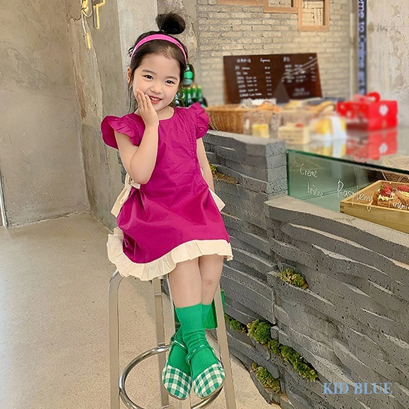 Đầm Công Chúa Cổ Tròn Viền Bèo Thắt Nơ Eo Phong Cách Hàn Quốc Thời Trang Mùa Hè Cho Bé Gái