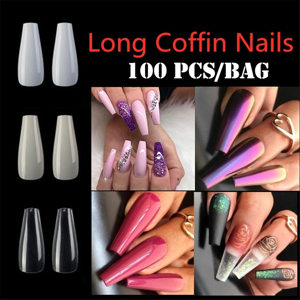 (Hàng Mới Về) Bộ 100 Móng Tay Giả Màu Trắng / Trong Suốt Bằng Acrylic