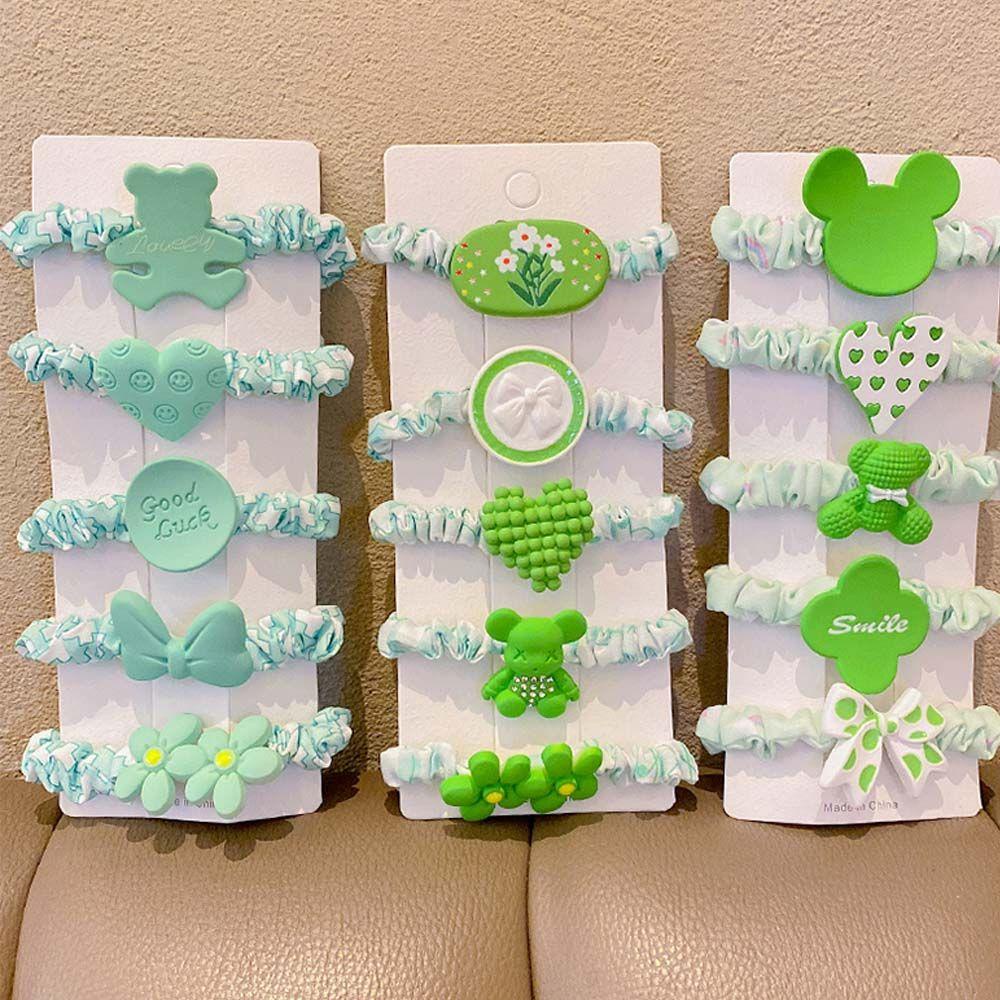 Set 5 Dây Cột Tóc Hình Cỏ Bốn Lá / Gấu Màu Xanh Lá Phong Cách Hàn Quốc Xinh Xắn Cho Bé Gái