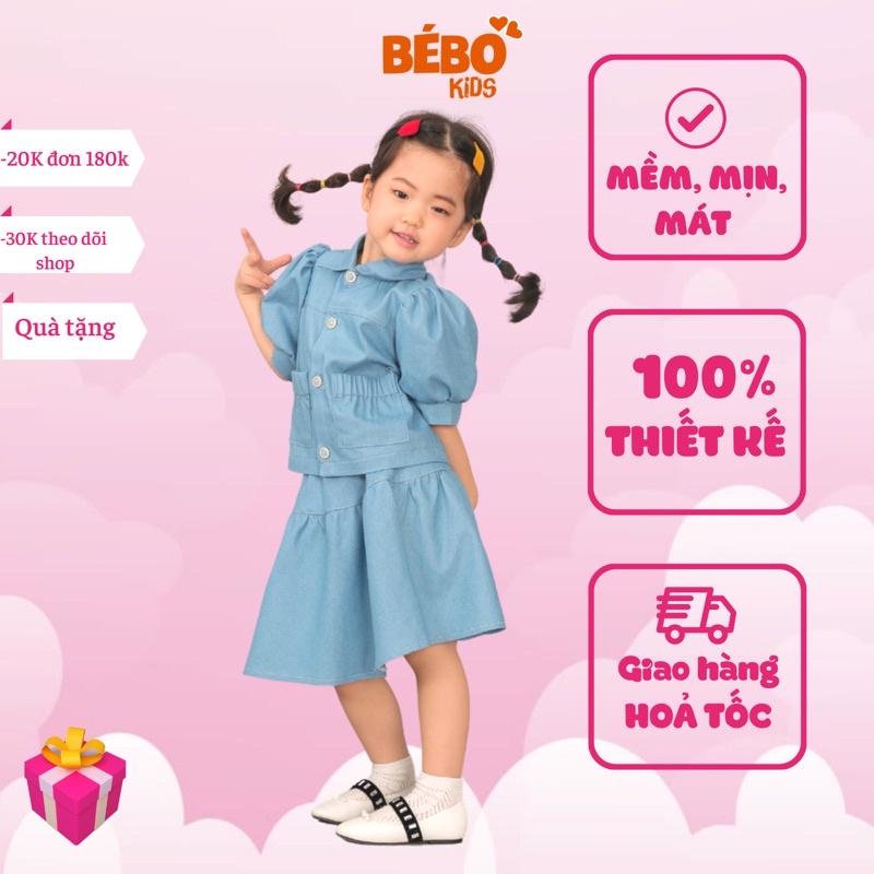 Set váy đầm trẻ em bò mềm BEBOKIDS S01 áo croptop cổ đức kết hợp chân váy xoè đáng yêu thiết kế cho bé gái 2-9 tuổi