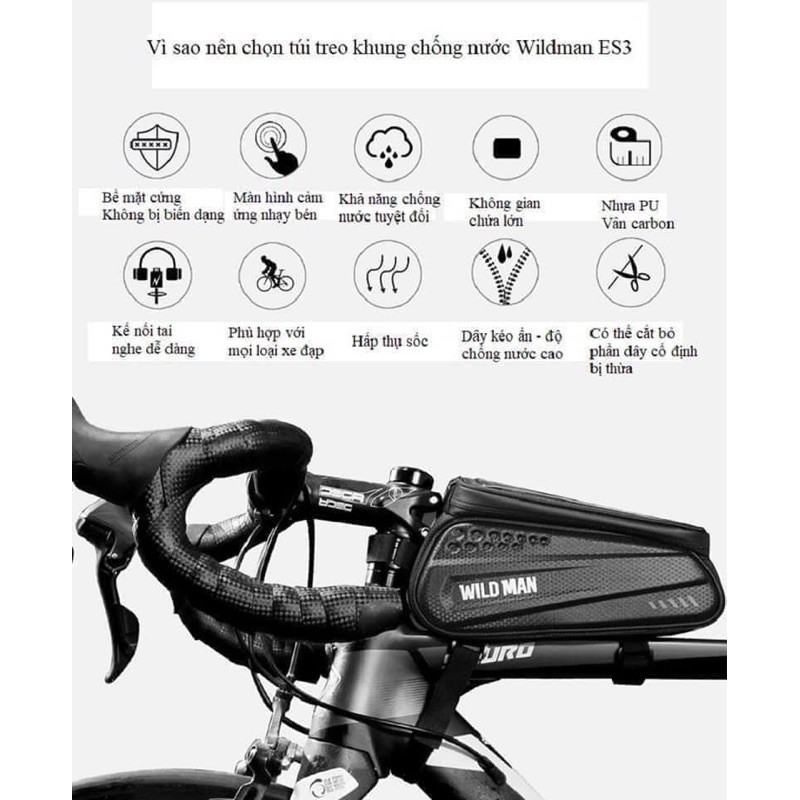 Túi khung xe đạp WILD MAN ES3 220x85x80mm  Chống nước Tương thích điện thoại 6,5" Logo phản quang Chất liệu EVA + TPU