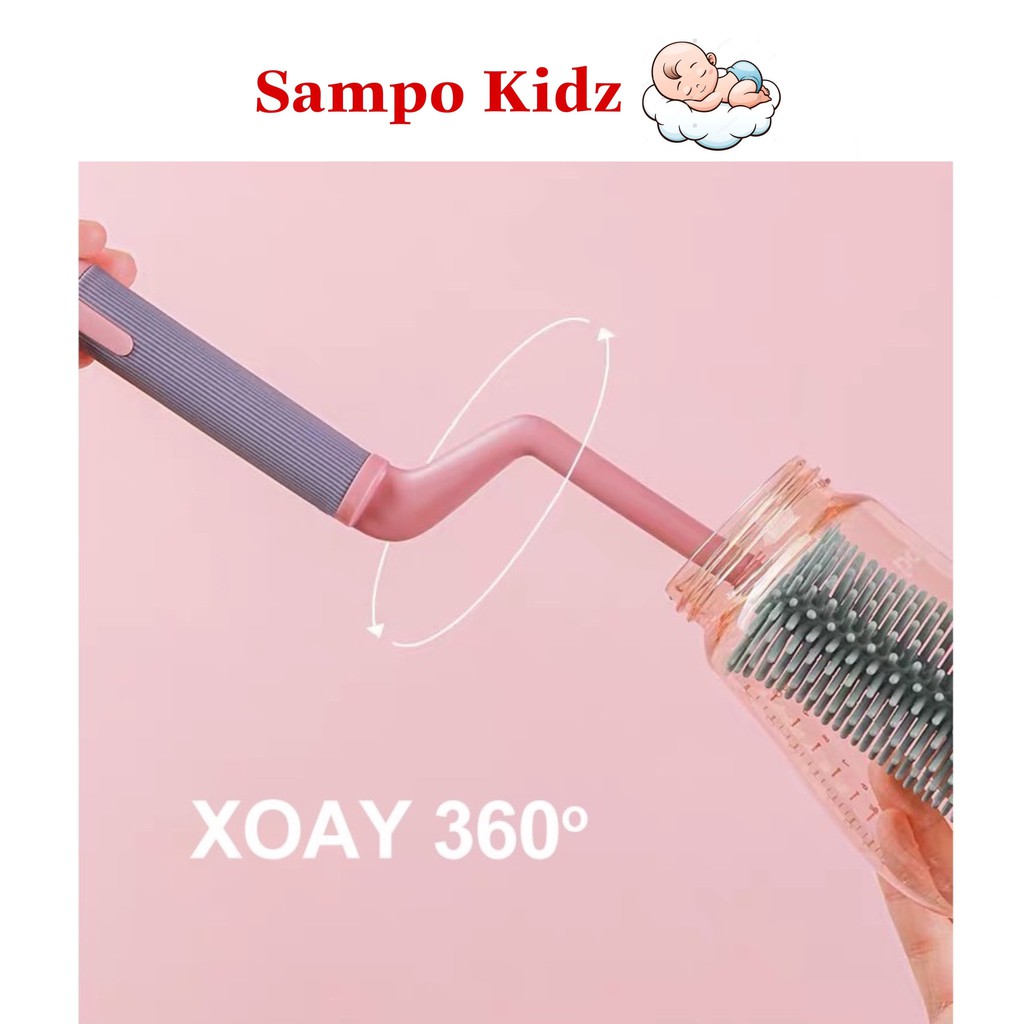 Bộ Cọ Rửa Bình Sữa Cho Bé Silicone Cao Cấp Tay Cầm Xoay 360 Độ, Cọ Núm Ti, Cọ Rửa Ống Hút