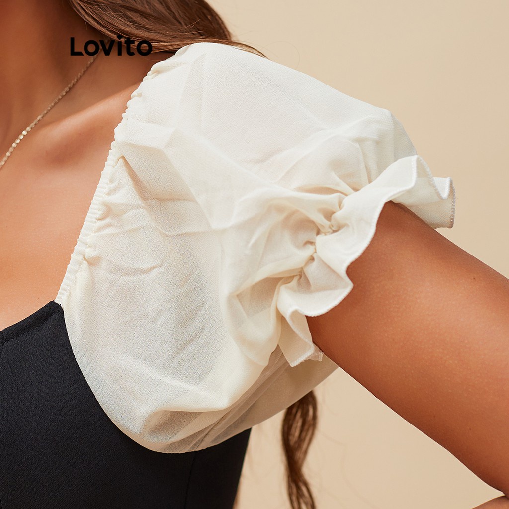 Đầm Lovito tay phồng lưới tương phản phối ren màu trơn L15X069 (màu đen)