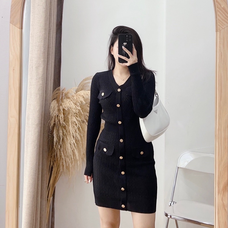 ( Ảnh thật ) Váy body len tay dài cúc vàng B