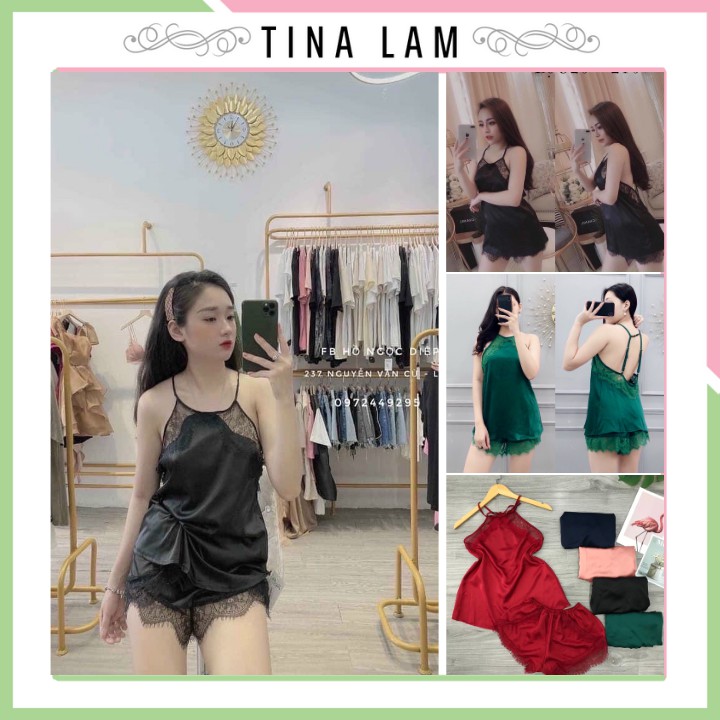 Set bộ đồ ngủ lụa yếm phối ren, đầm ngủ sexy chất liệu lụa satin cao cấp, mềm mịn mát , kèm quần ren siêu cute