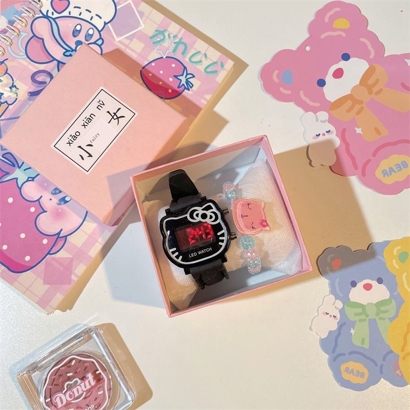Đồng Hồ Đeo Tay Có Đèn LED Họa Tiết Hello Kitty Dễ Thương Phong Cách Nhật Hàn Cho Bé