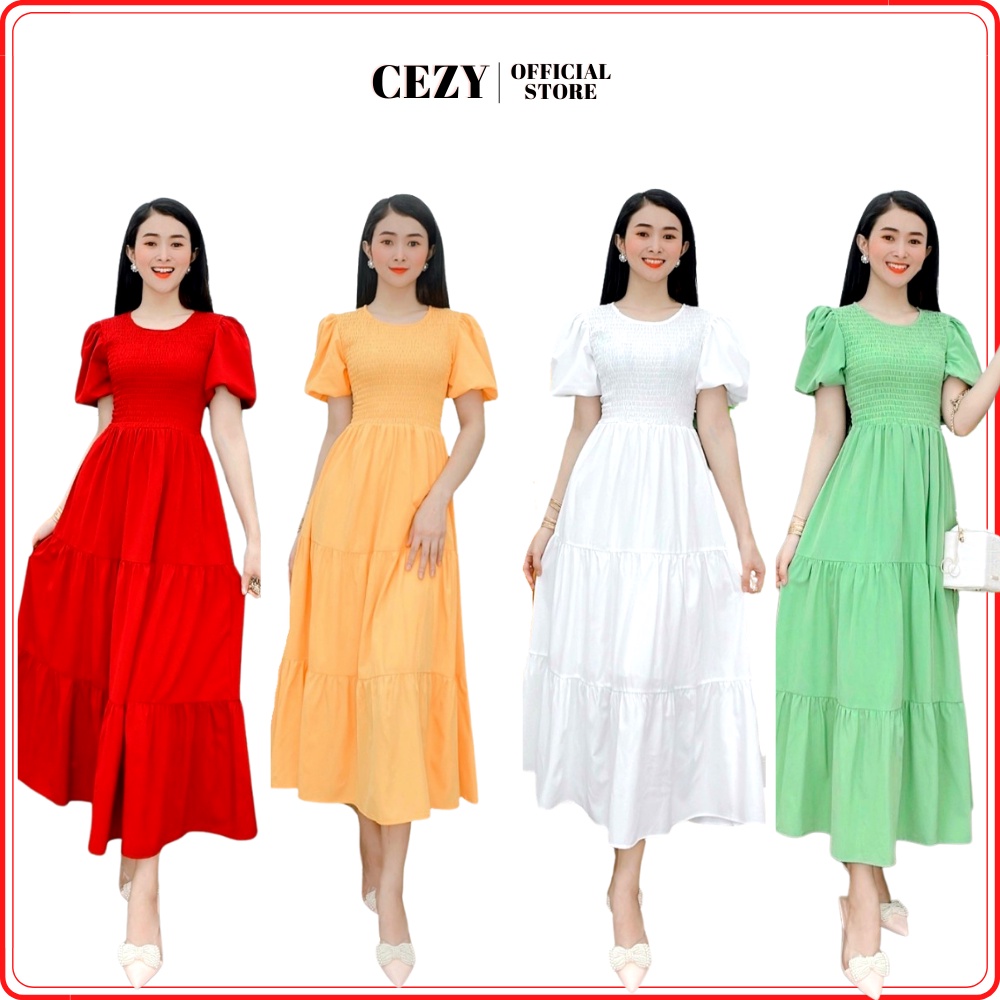 Đầm maxi màu trơn đi biển tay phồng có size bigsize Cezy D72