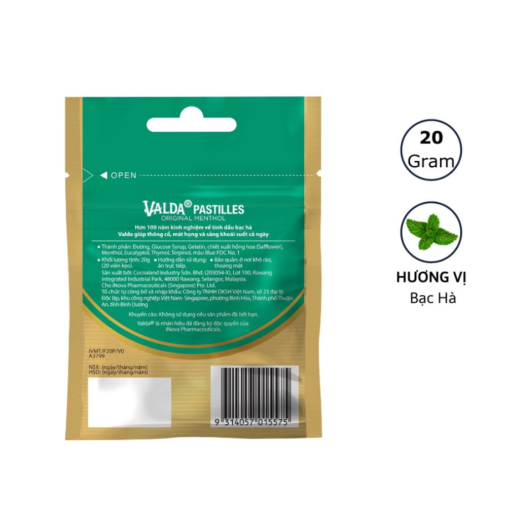 Combo 3 gói kẹo dẻo Valda Pastilles: Orginal Menthol 50g + 20g, Lemon Menthol