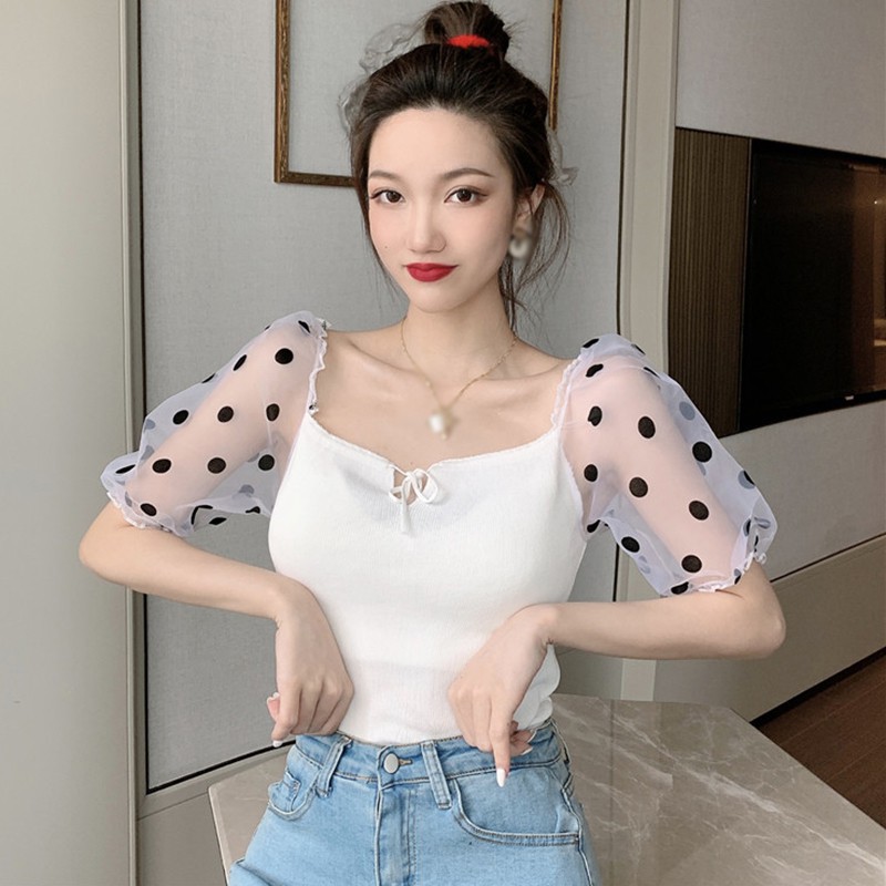 Women's Summer Square Collar Dot Mesh Bubble Sleeve Stitching Short Sleeve Blouse | BigBuy360 - bigbuy360.vn