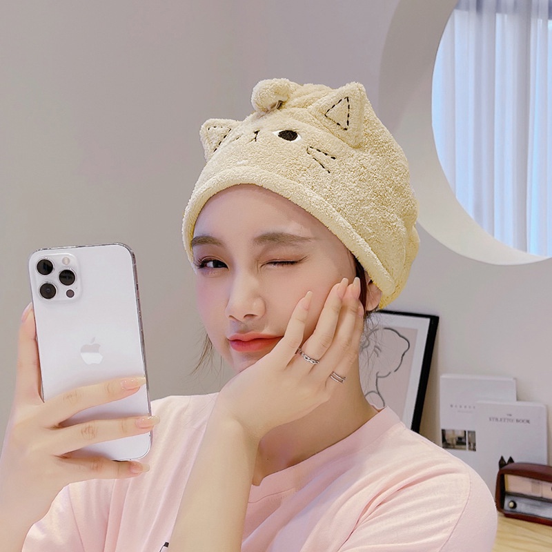 Khăn quấn tóc, mũ trùm đầu thấm nước làm khô tóc hình con mèo
