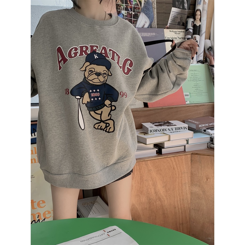 Dayday & GIRL Áo Sweatshirt Chui Đầu Dáng Rộng Màu Xám Bóng Chày Mùa Thu Kiểu Retro Mỹ Cho Cặp