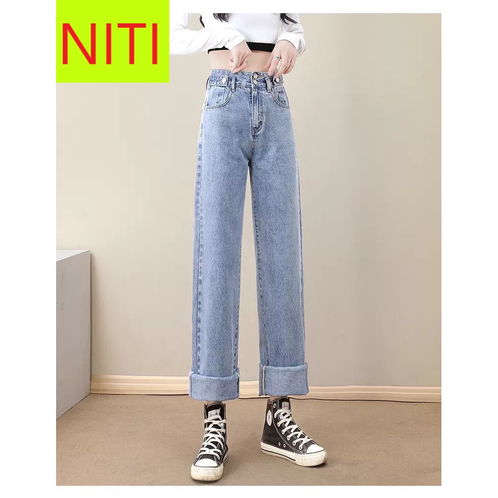 [ DUYÊN PHẬN ] QUẦN JEAN ỐNG RỘNG NỮ LƯNG CAO 2 NÚT 2 ĐAI MÀU XANH NHẠT LAI CUỐN TRƠN CAO CẤP NITI ĐỦ SIZE THỜI THƯỢNG