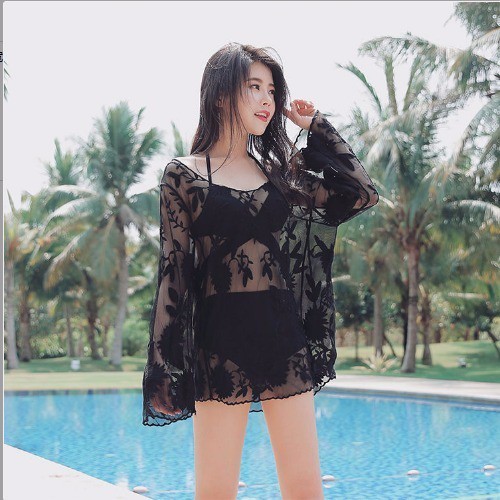 Spot sale white hollow loose see-through lace beach jacket mid-length long-sleeved sunscreen sexy swimsuit blouse single top