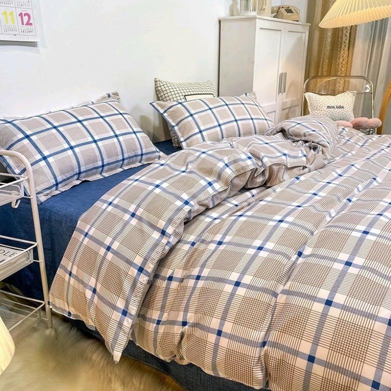 Trọn Bộ 4 Món Chăn Ga Gối Mền Cotton Poly-Thương Hiệu 🌸EVILY🌸-Mẫu CARO KẺ XANH Đơn Giản - EvilyDecor