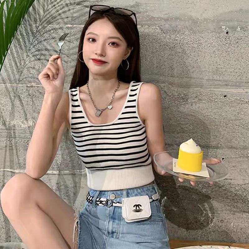 （hàng sẵn giao ngay）Aó Len Ba Lỗ Dệt Kim Sát Nách Kẻ Sọc Thời Trang Quyến Rũ Cho Nữ