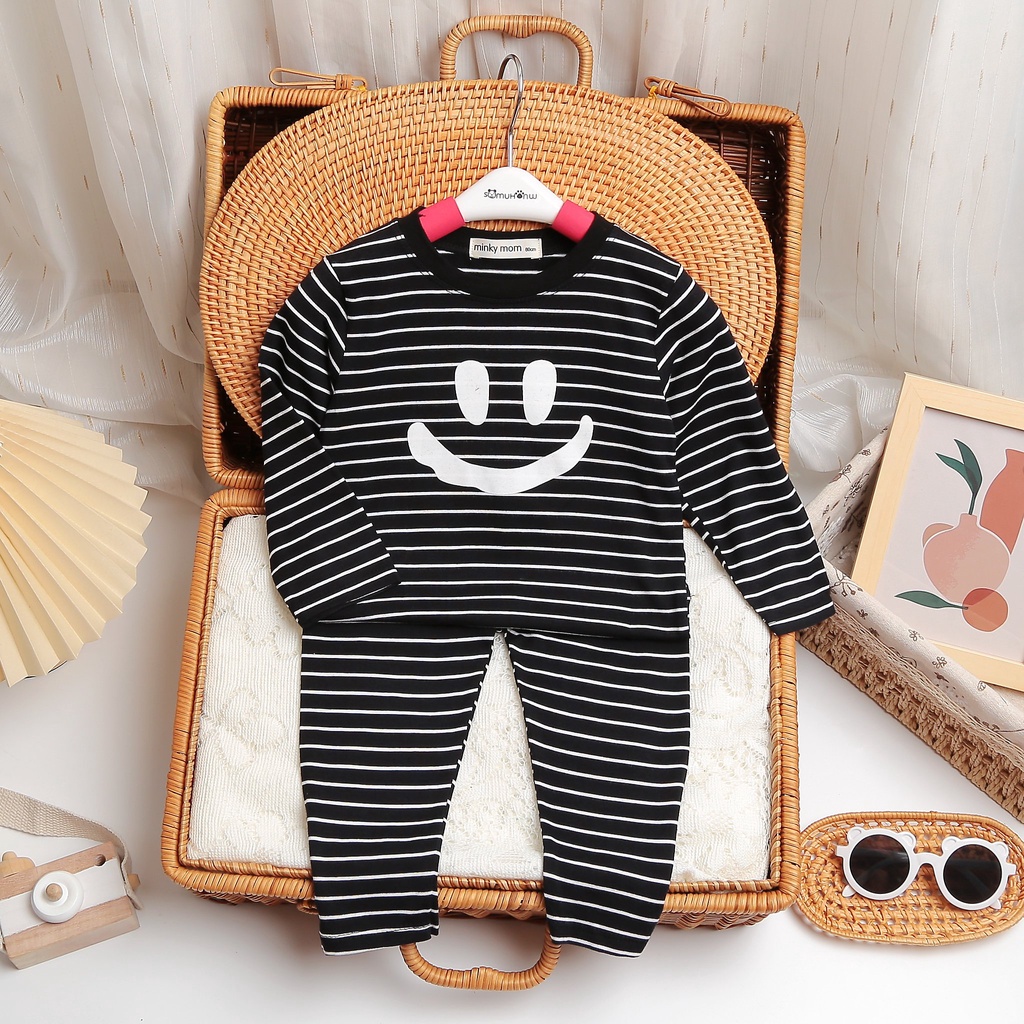 [SALE] Bộ Quần Áo Bé Gái, Bé Trai Minky Mom Vải Cotton Sọc Ngang Mặt Cười, Bộ Dài Tay Cho Bé Mặc Thu Đông MKMTD2173