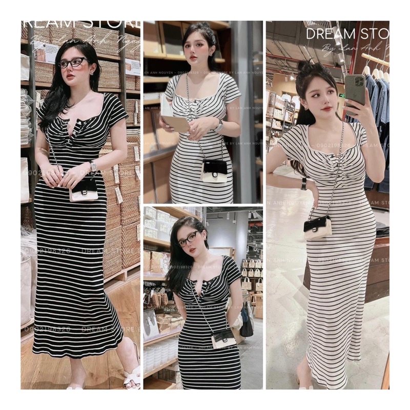 Váy body kẻ sọc cổ vuông cúc, Đầm maxi dáng ôm kẻ ngang co giãn VS1901 - NhiNhi Shop