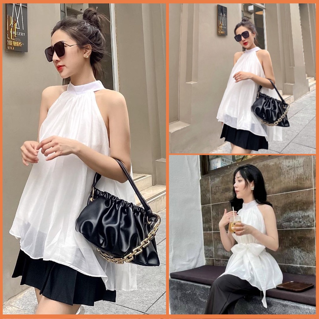 Áo kiểu nữ cổ yếm chất tơ  Áo hở vai phối dây bản to A-YS
