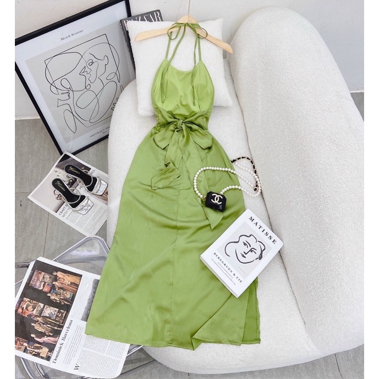 ĐẦM CỔ YẾM MIDI XANH  CỘT NƠ LƯNG 2 DÂY - GD236