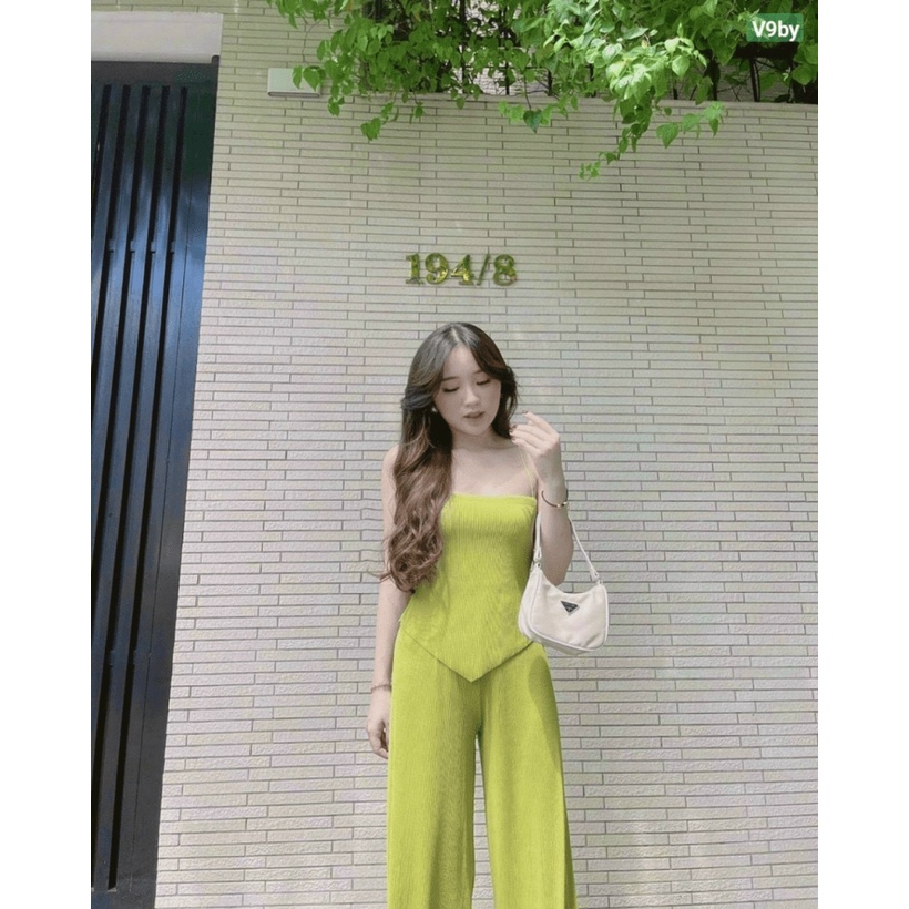 SÉT BỘ NỮ THUN GÂN ÁO HAI DÂY QUẦN DÁNG RỘNG TÔN DÁNG BODY CỰC HOT PU THỜI TRANG HHP