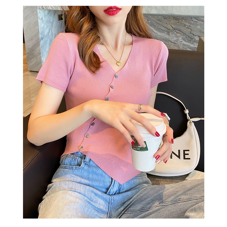 DUNEA Áo Thun Tay Ngắn Cổ Chữ V Thiết Kế Không Đồng Đều Quyến Rũ Thời Trang Cho Nữ