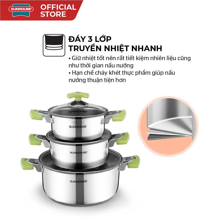 [Mã LIFEHL25 giảm 10% đơn350K] Bộ Nồi Inox 3 Đáy SUNHOUSE Đáy Từ SH336 16, 18, 24 cm