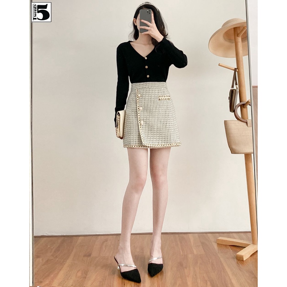 Chân váy dạ tweed Twentyfive chữ A form nhỏ vạt chéo viền kim tuyến lót quần 3894