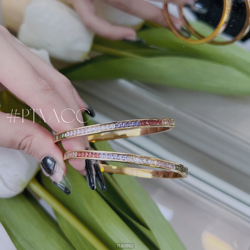 Vòng tay titan full đá paguet 7 màu 1 hàng đá vuông dáng mảnh .PTNACC.