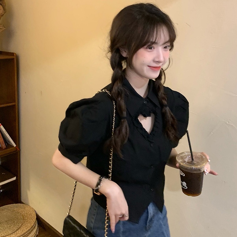 Áo Sơ Mi Croptop Aimeehouse Tay Phồng Cutout Hình Trái Tim Phong Cách Trẻ Trung Nữ Tính