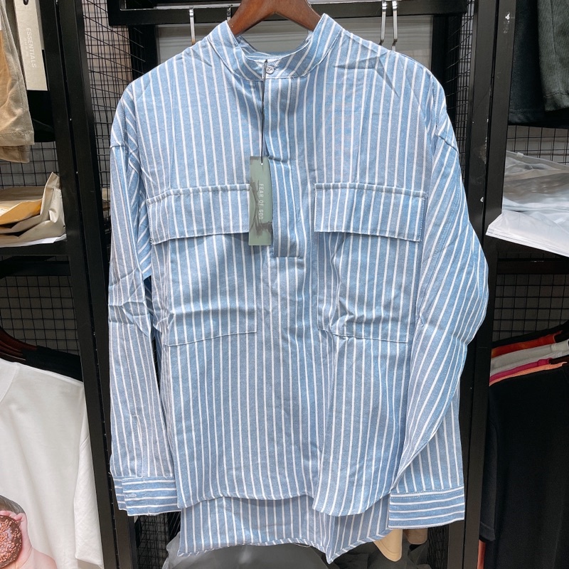 ⚡️[CHỈ 1 NGÀY] - Áo sơ mi Fear of God - Oversized Grandad-Collar Striped Cotton Oxford Half-Placket Shirt - Blue | BigBuy360 - bigbuy360.vn