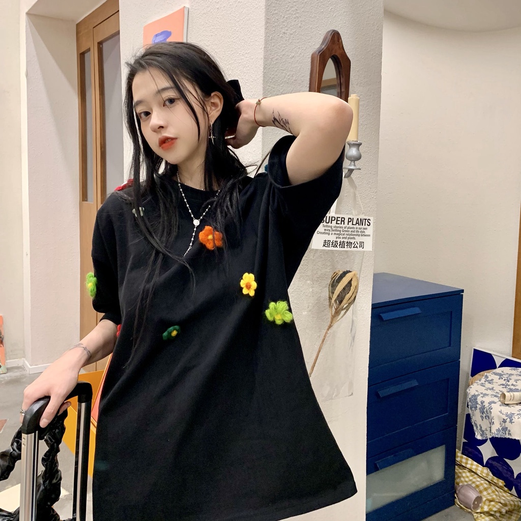 Áo Thun Cotton Tay Ngắn Dáng Rộng In Họa Tiết Hoa Phong Cách Hàn Quốc Thời Trang Mùa Hè Mới 2022 Dành Cho Bạn Nữ