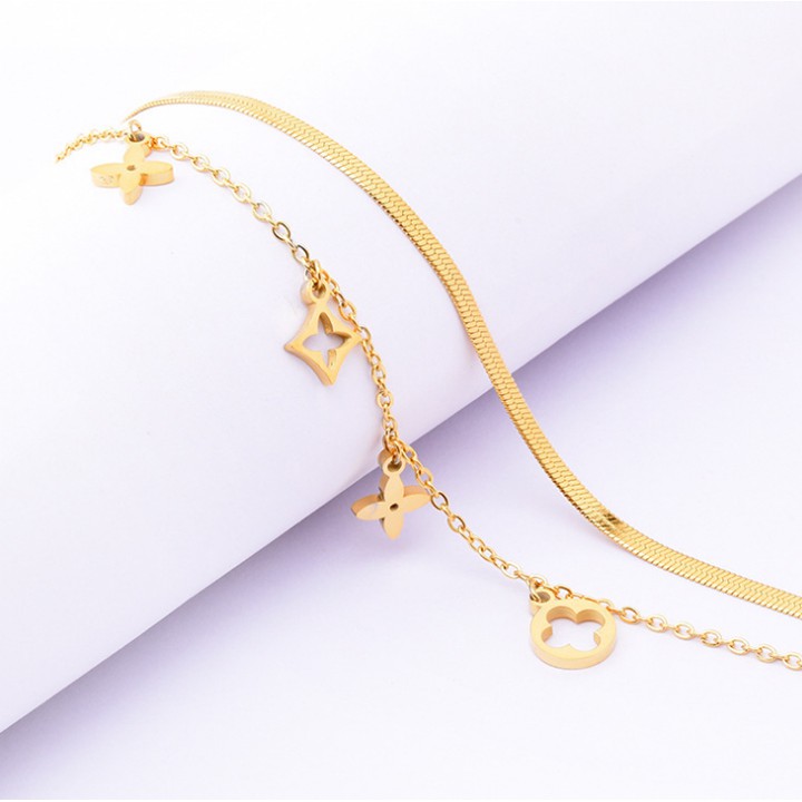 Dây chuyền nữ titan cao cấp kiểu mì dẹp kết hợp chuỗi hoa 4 cánh siêu đẹp, bền màu, hợp thời trang, dễ phối đồ