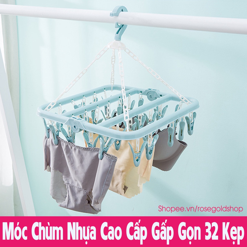 Móc Chùm Nhựa Cao Cấp Gấp Gọn 32 Kẹp Phơi Quần Áo, Khăn Tất, Thú Bông (Hàng Có Sẵn)