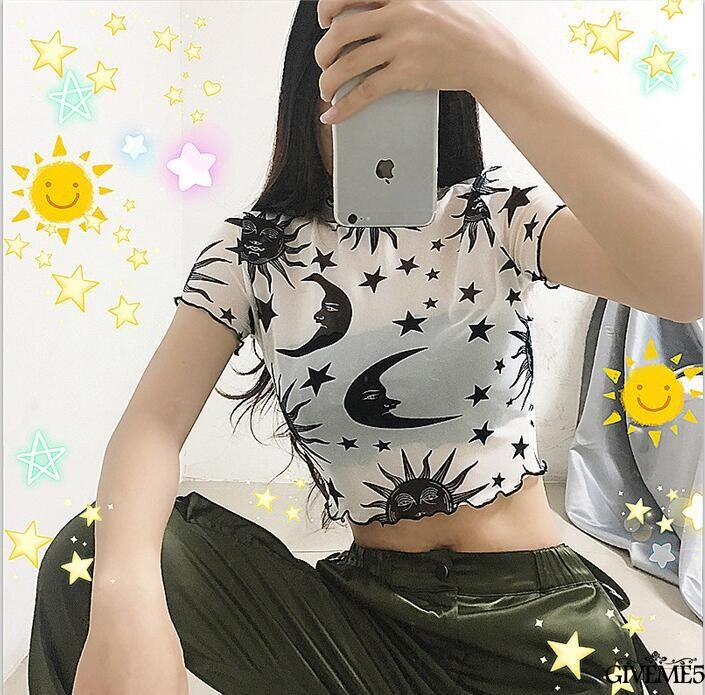 Áo Croptop Xuyên Thấu In Họa Tiết Mặt Trăng Và Ngôi Sao Thời Trang Cho Nữ