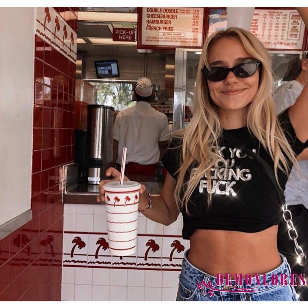 Áo Croptop Ngắn Tay Cổ Tròn In Chữ Đính Kim Sa Thời Trang Mùa Hè Cho Nữ